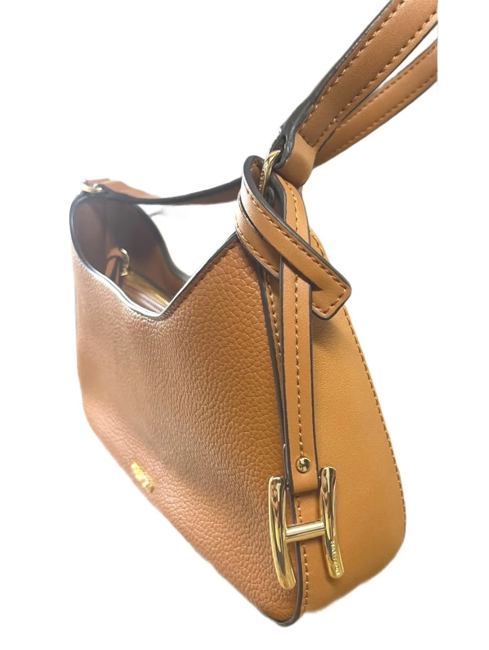 Halston Peebled Hobo Conac Leather Purse w-Shouder Strap Gold Logo Hardware